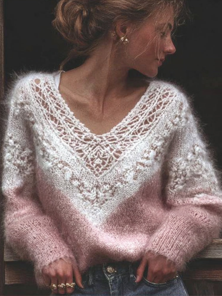 Women's Vintage Plush Hollow-out V-neck Sweater elevenforest