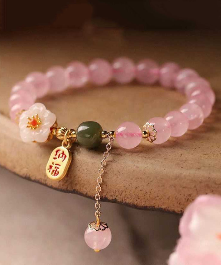 Pink Sterling Silver Alloy Crystal Peach Blossom Charm Bracelet