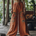 Bohemian Holiday Style Retro Linen Floral Ethnic Totem Print Linen Long Loose Wide-leg Pants elevenforest