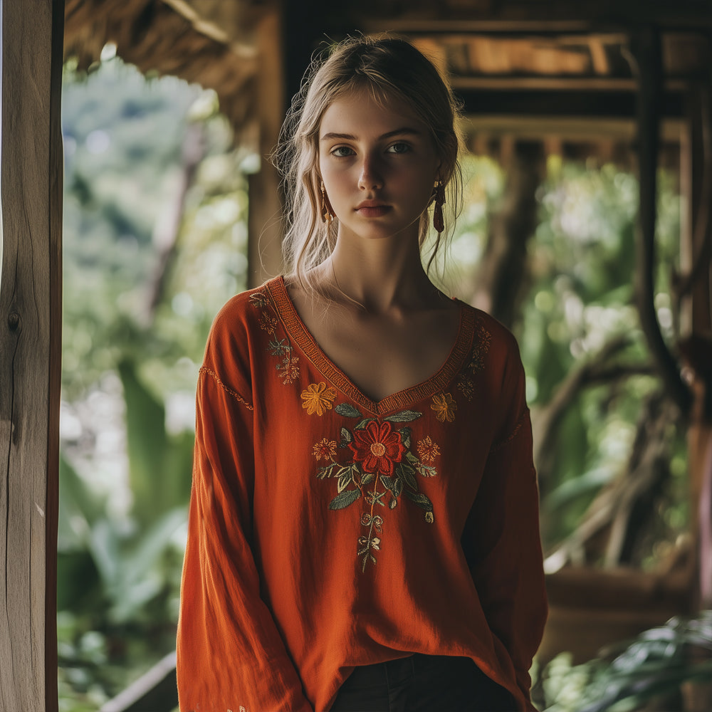 Fashionable Bohemian Floral Embroidery Linen V-neck Shirt elevenforest