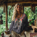 Retro Bohemian Resort Floral Pattern Art Embroidery Cotton And Linen Blend Loose Blouse elevenforest