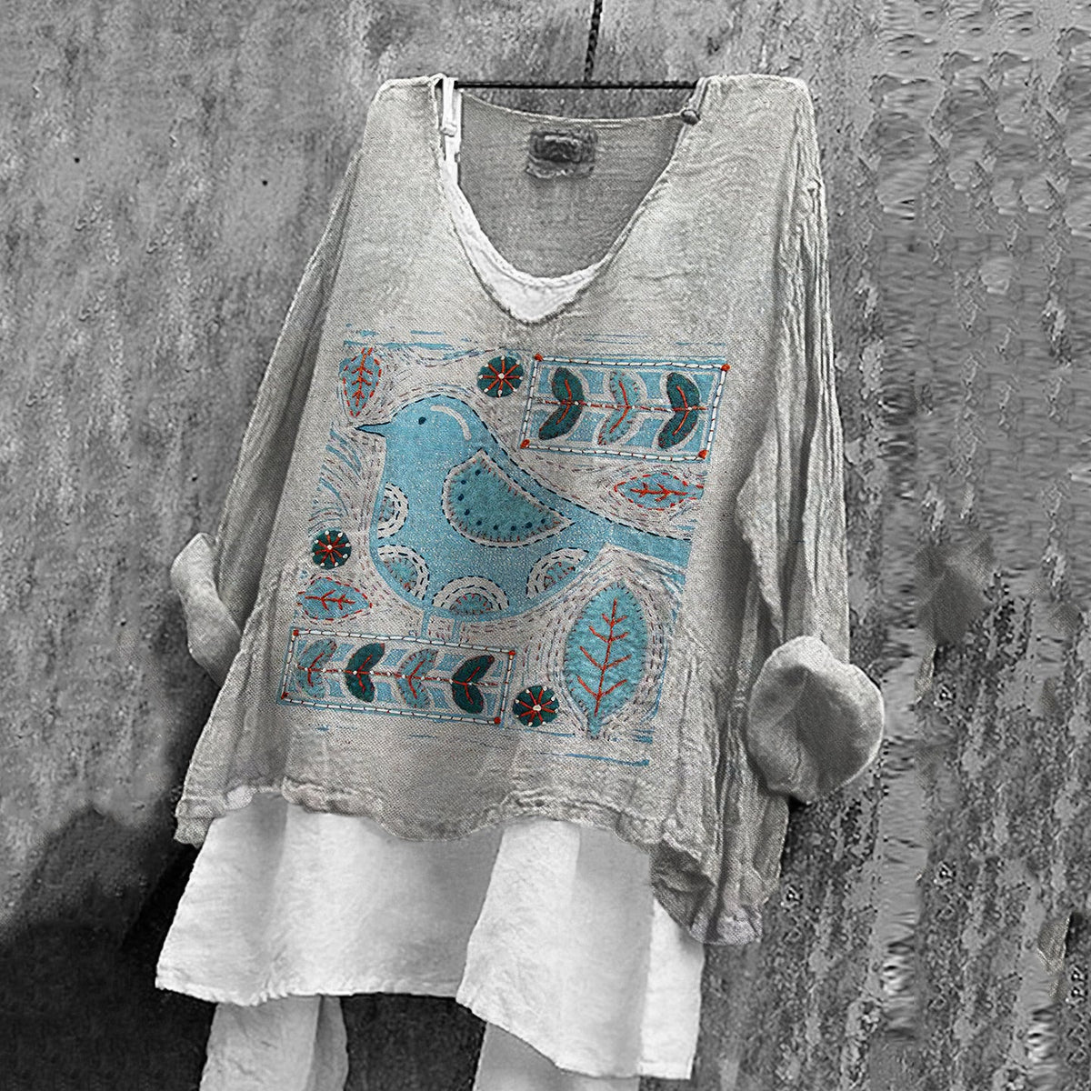 Women's Floral And Bird Applique Embroidered Cotton And Linen V-neck Shirt elevenforest