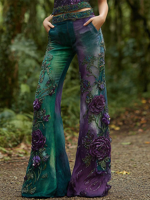 Women's Rose Embroidered Gradient Pattern Straight Flare Denim Pants elevenforest