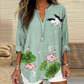 Comstylish Women's Japanese-style Lotus And Crane Art Linen Long-sleeved Shirt