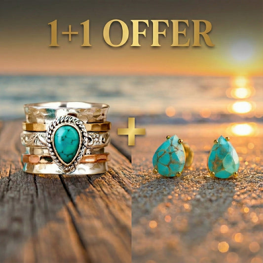1+1 Offer: Turquoise Inlaid Stone Gold & Silver Ring + Mediterranean Tears – Turquoise Stone Stud Earrings