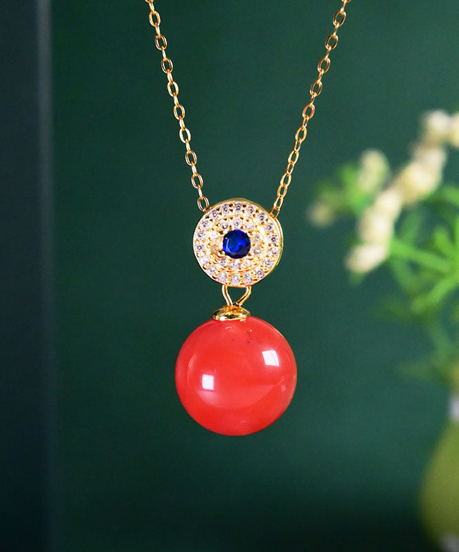 Red Sterling Silver Zircon Ball Agate Pendant Necklace
