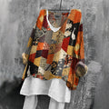 Comstylish Women's Retro Japanese Patchwork Art V-neck T-shirt
