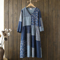 Japanese Vintage Geometric Floral Patchwork Women's Linen Maxi Dress elevenforest
