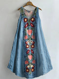 Women's Vintage Ethnic Floral Art Print V-neck Pocket Cotton Dress