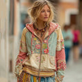 Women's Vintage Bohemian Floral Panel Comfort Warm Zip Hoodie elevenforest