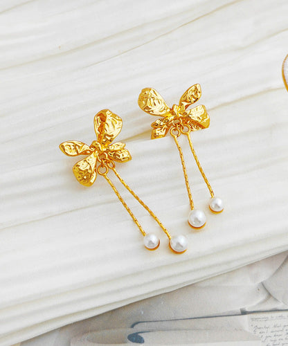 Gold Copper Pearl Bow Tassel Drop Earrings