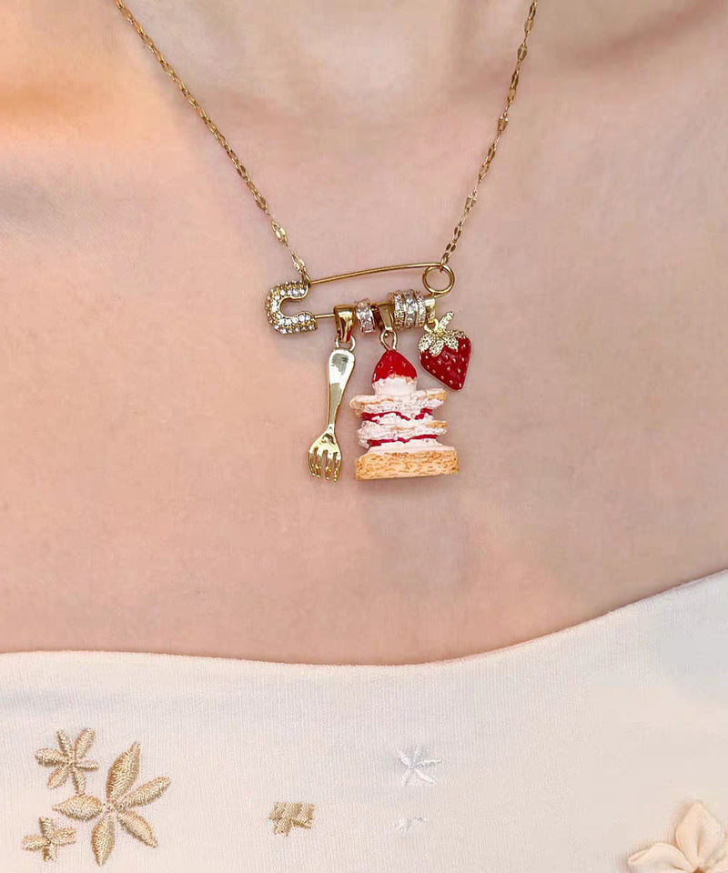New Gold Sterling Silver Overgild Strawberry Cake Pendant Necklace