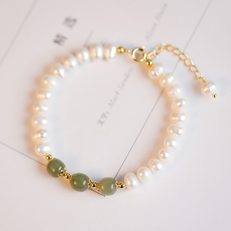 Buddha Stones 14k Gold Plated Natural Pearl Hetian Cyan Jade White Jade Sincerity Bead Chain Bracelet