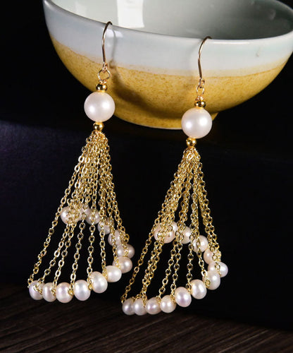 Oversize 14k Gold Pearl Tassel Drop Earrings