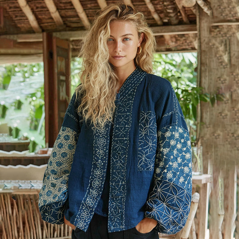 Vintage Bohemian Japanese Traditional Sashiko Art Embroidery Print Cotton And Linen Blend Kimono Cardigan elevenforest