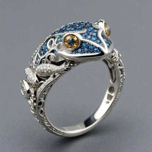 Blue Glossy Frog Ring in Silver