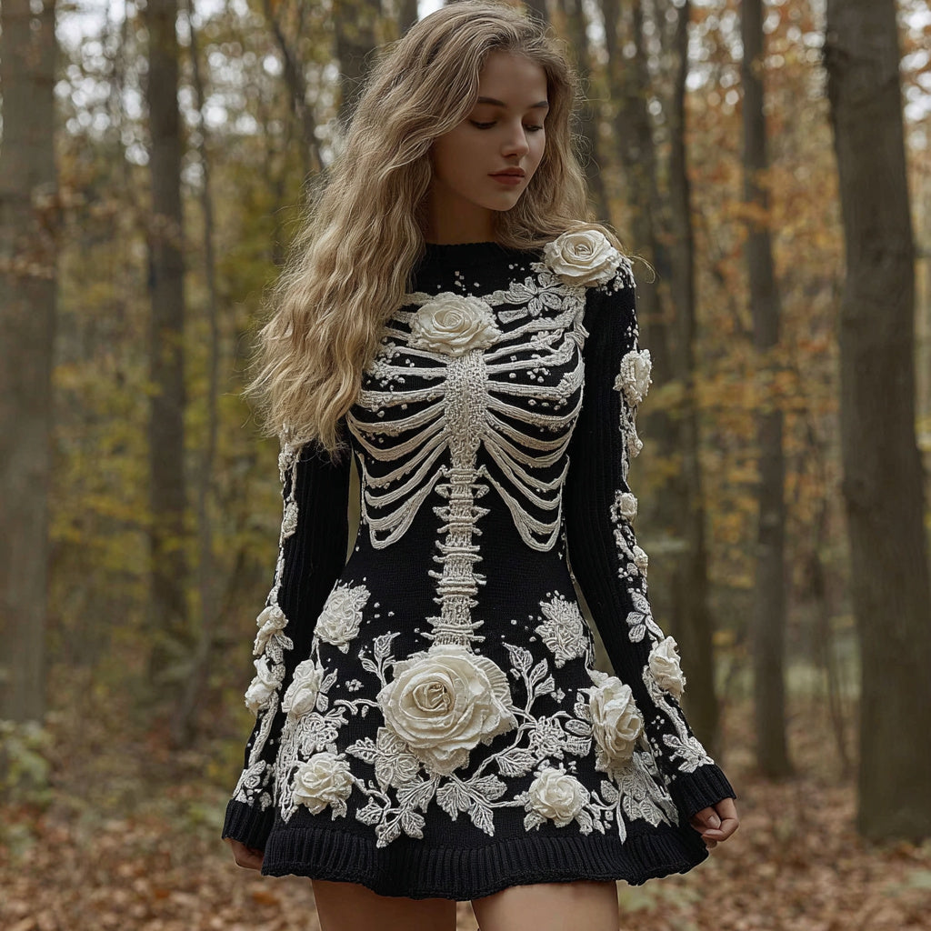 Women's Halloween Skeleton Bones Rose Comfortable Elegant Sweater Dress elevenforest