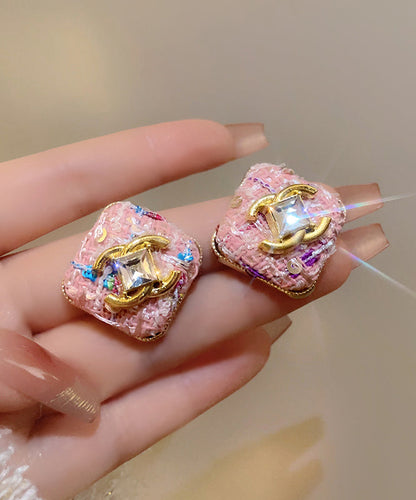 Novelty Pink Alloy Zircon Graphic Square Stud Earrings