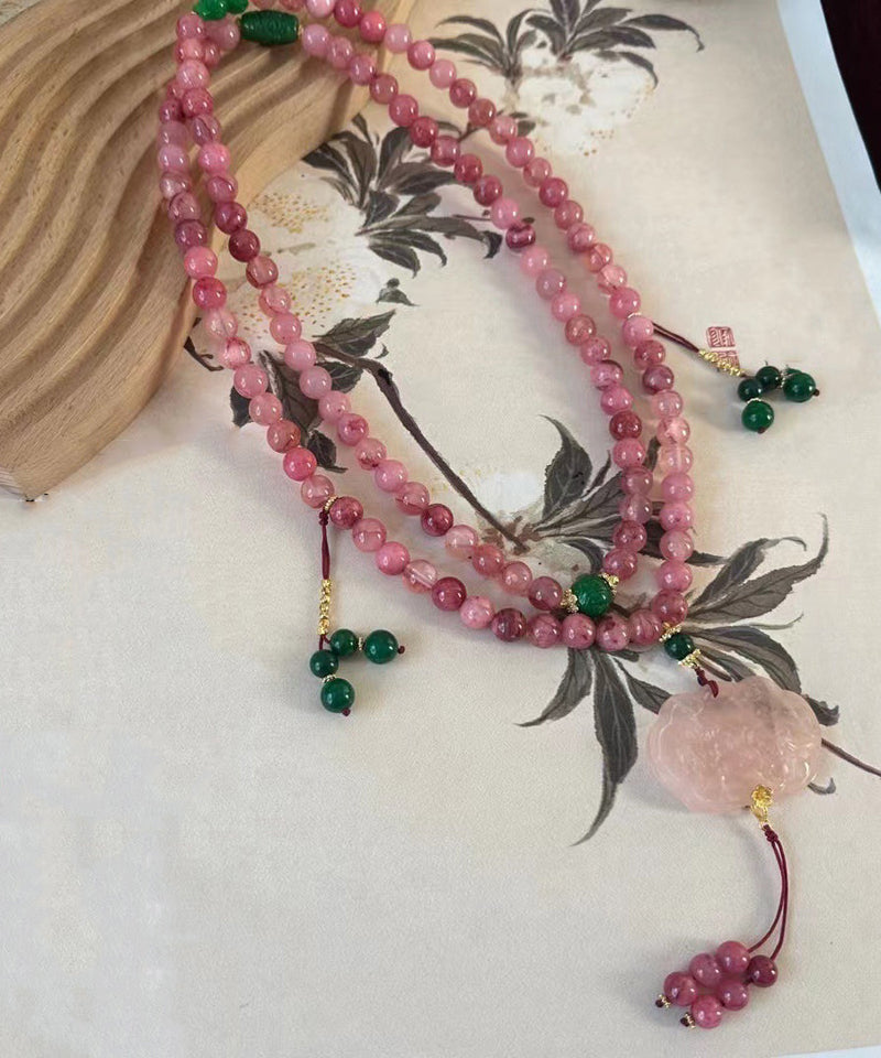 Classy Red Ancient Gold Peony Beading Tassel Pendant Necklace