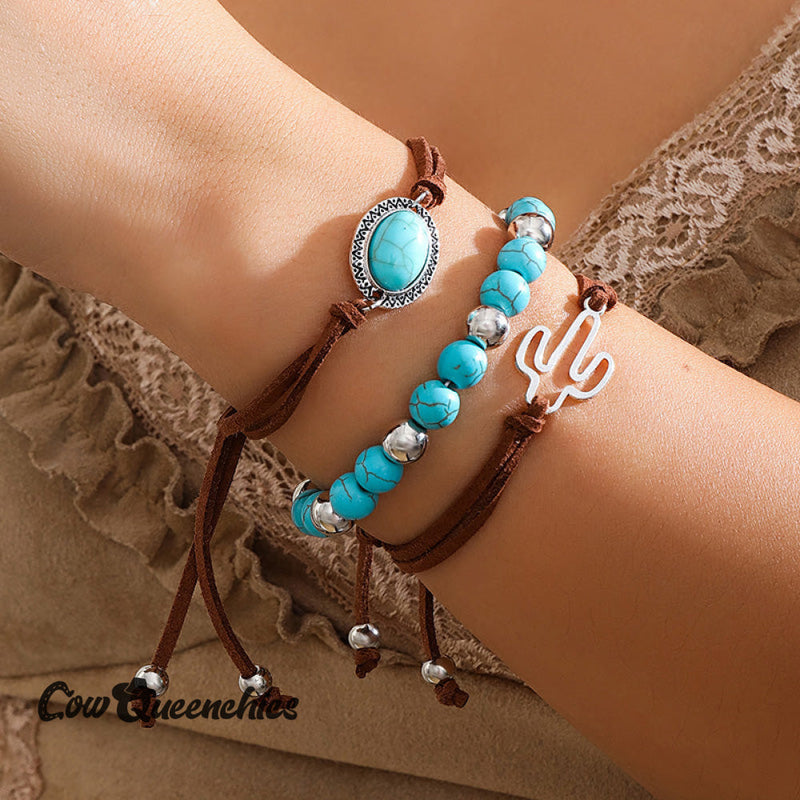 Western Cowboy Style Cactus Decor Turquoise Beaded Bracelet Set