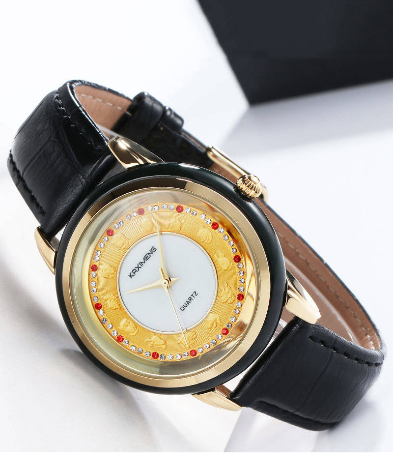 Black Leather Alloy Zircon Inlaid Jade Tempered Glass Waterproof Watch