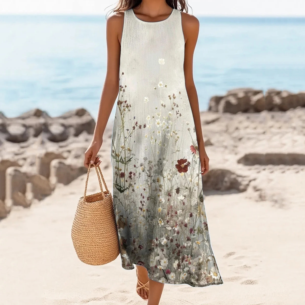 Comstylish Women's Floral Print Linen Blend Tank Midi Dress