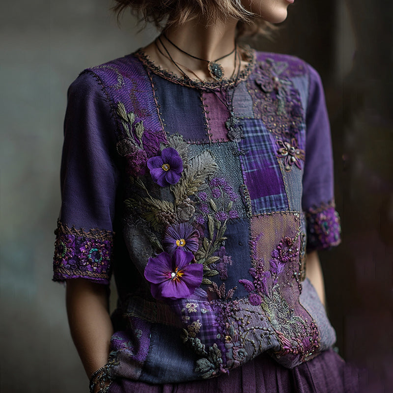 Women's Embroidered Pansy Floral Patchwork Check Short Sleeve T-shirt elevenforest