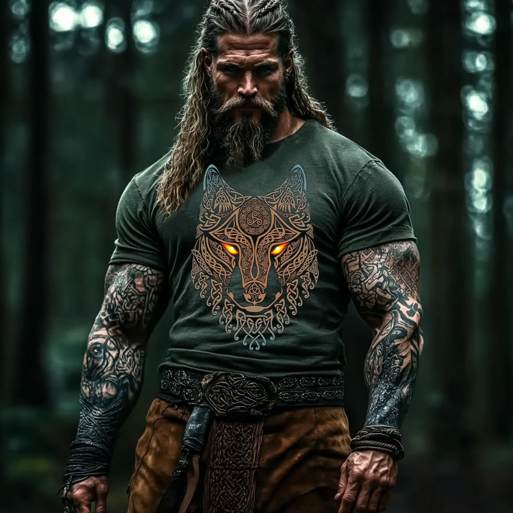 Men's Vintage Viking Wolf Print T-shirt elevenforest