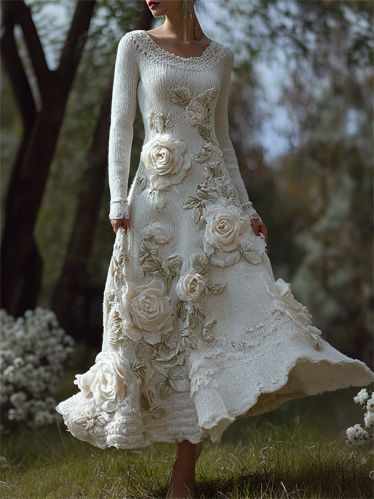 Classy White Roses Beaded Cozy Maxi Sweater Dress elevenforest