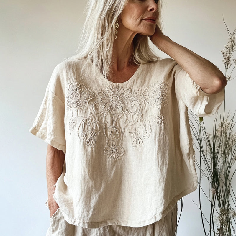 Vintage Floral Art Cotton Linen Crew Neck Shirt elevenforest