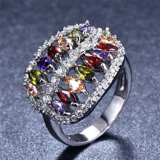 Colorful Crystal Leaf Silver Ring