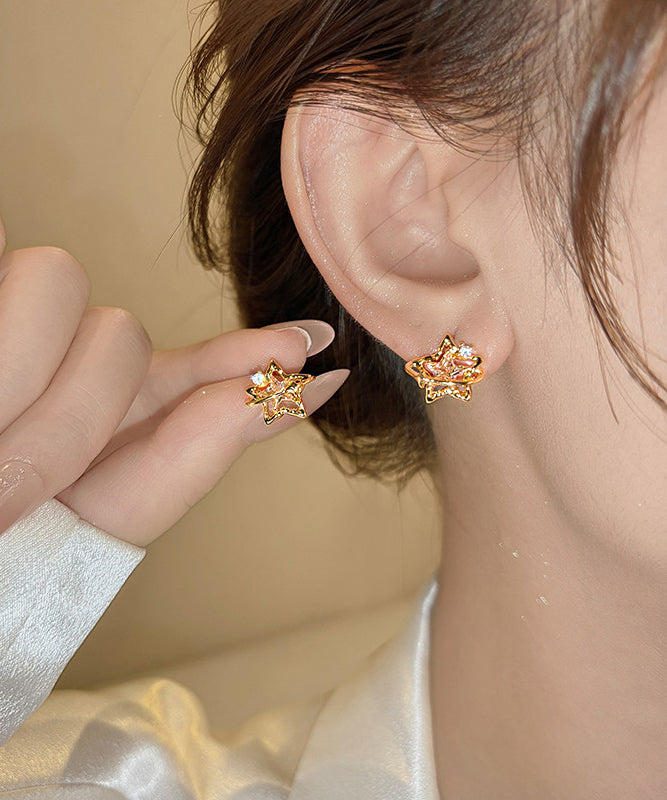 Modern Gold Copper Overgild Zircon Hollow Out Star Stud Earrings