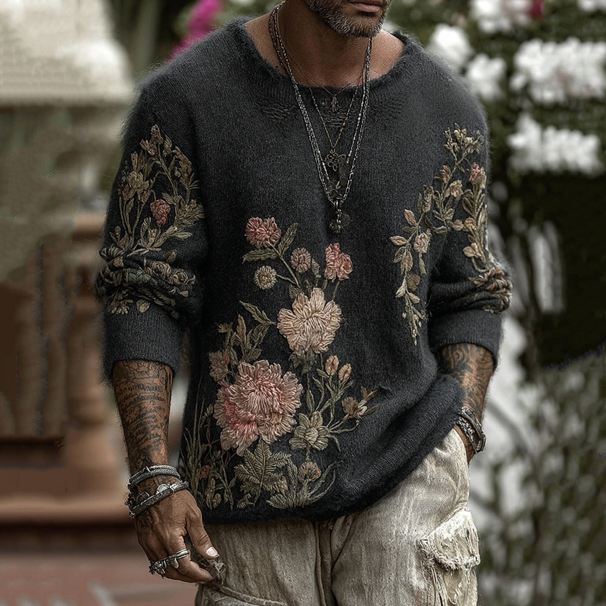 Men's Classic Floral Art Jacquard Thick Warm Round Neck Sweater artswardrobe