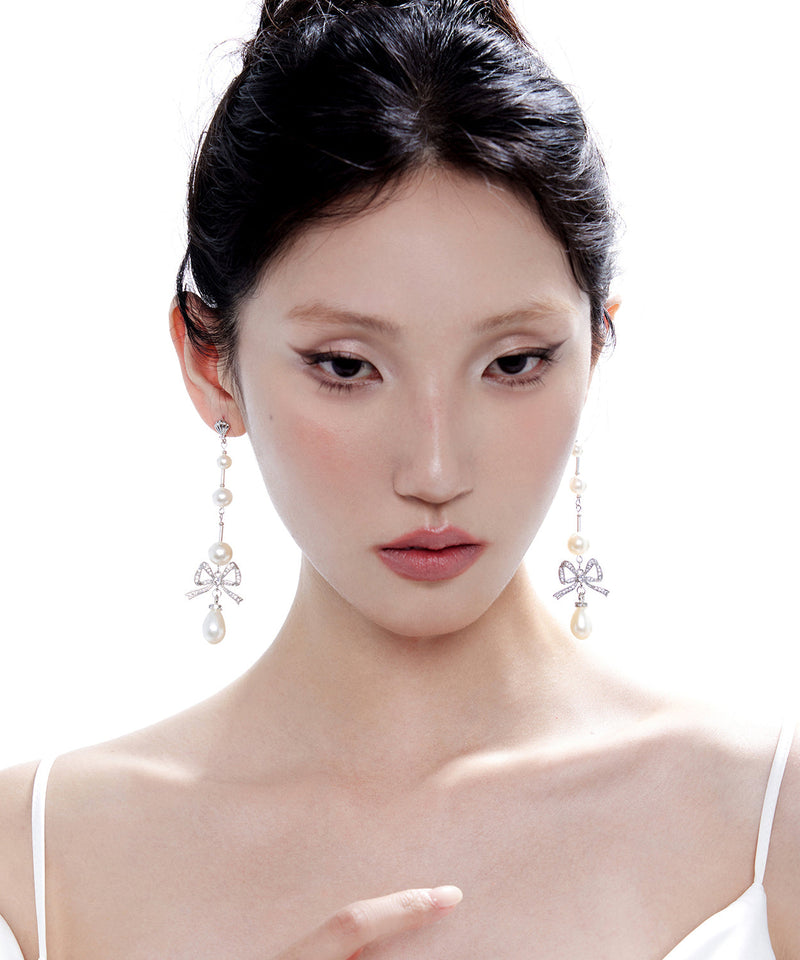 Pearl Bow Silver Long Drop Earrings Earrings