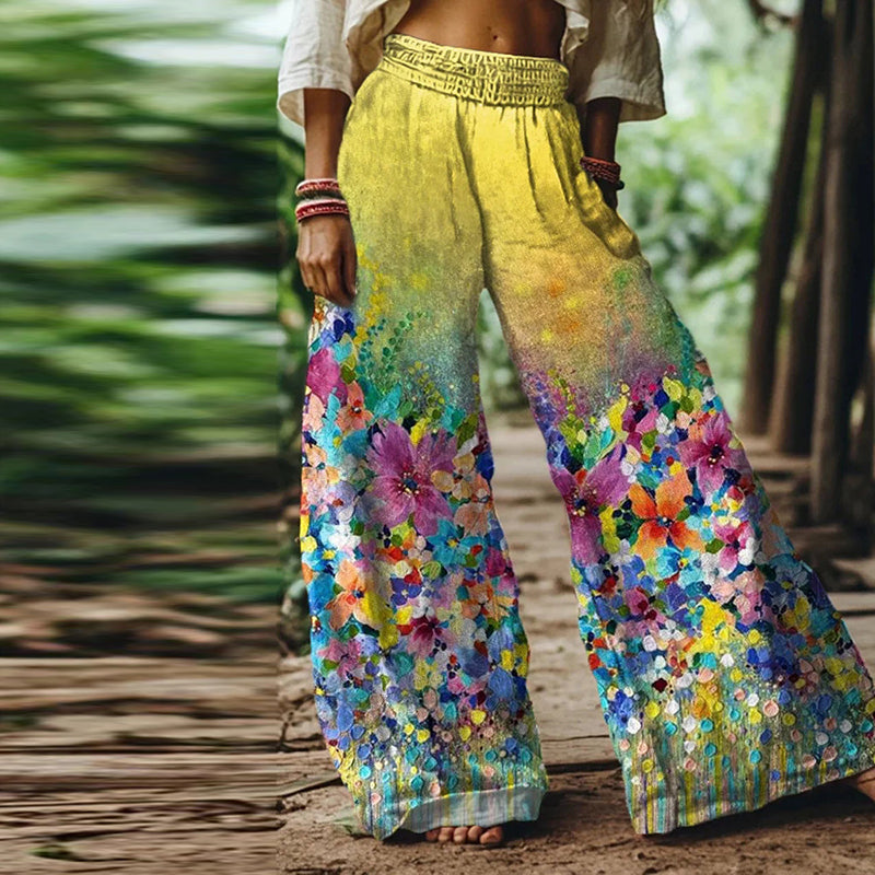 Comstylish Vintage Bohemia Floral Pattern Women's Linen Blend Casual Pants