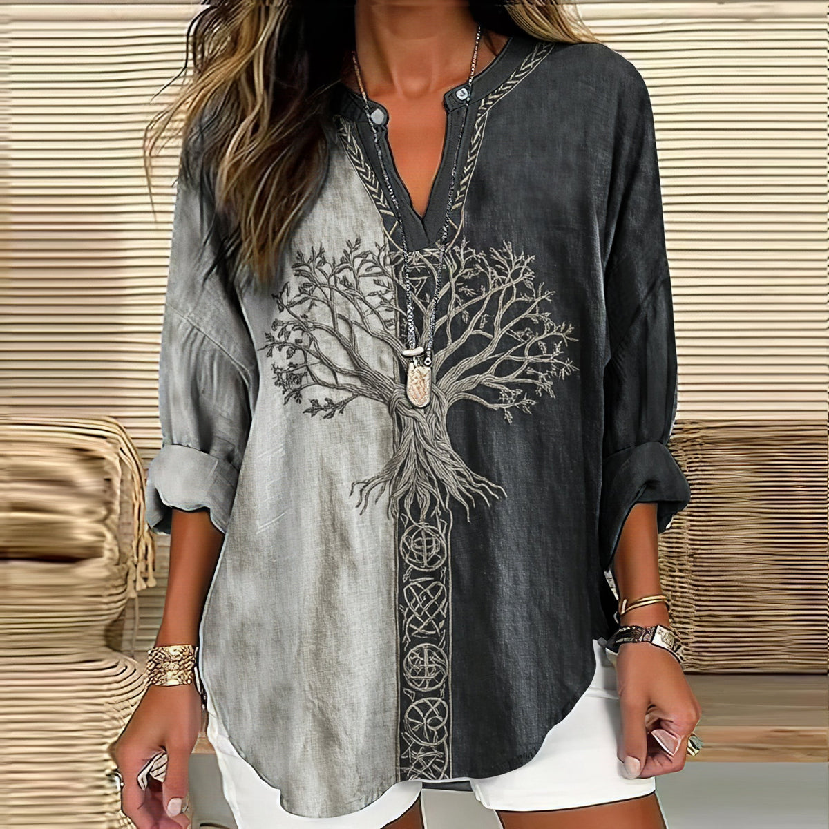 Women's Viking Life Of Tree Art  Linen Print Casual Shirt elevenforest
