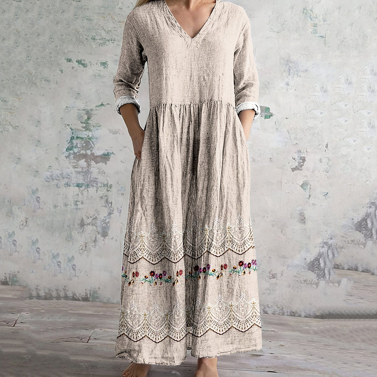 Women's Vintage Floral Embroidered Lace Art Linen Dress elevenforest