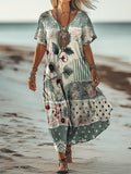 Women's Simple Floral Collage Art Print V Neck Pocket Cotton Dress