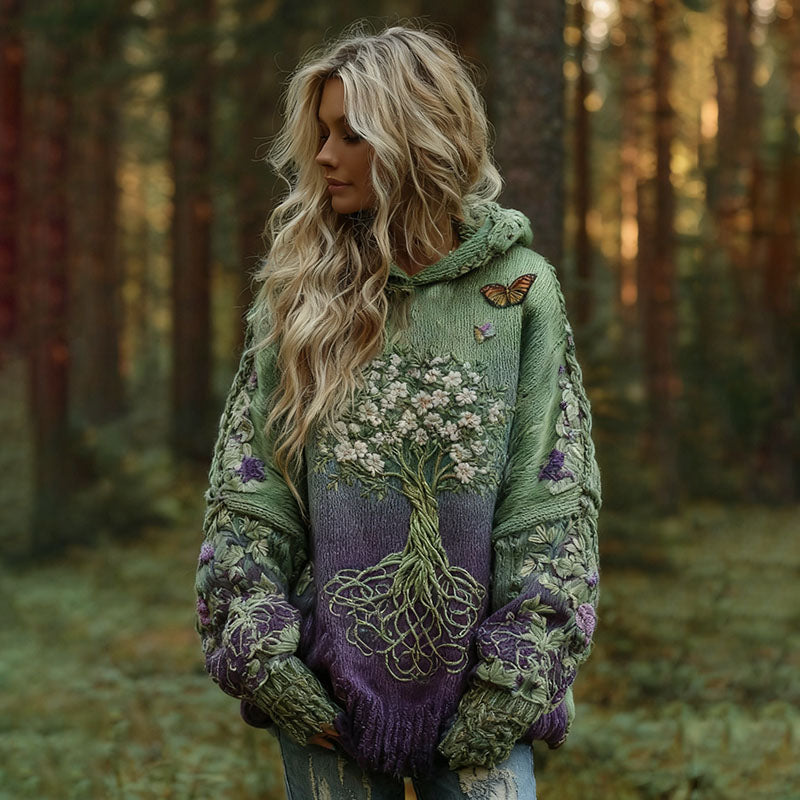Women's Vintage Viking Tree Of Life Floral Gradient Art Knit Jacquard Hooded Sweater artswardrobe