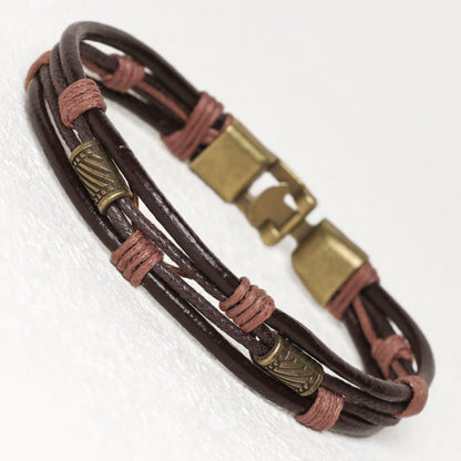 Buddha Stones Leather Wrist Band Brown Rope Layered Bracelet Bangle