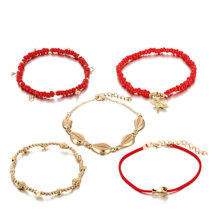 Shell Red Beaded Anklet Set