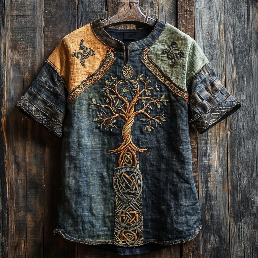 Men's Viking Tree Of Life Embroidery Patchwork Print Shirt elevenforest
