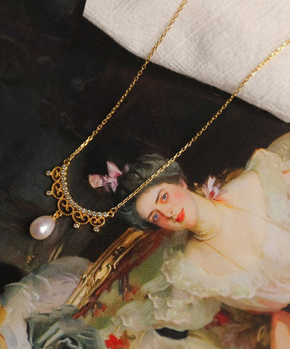 Gold Alloy Zircon Leace Pearl Pendant Necklace