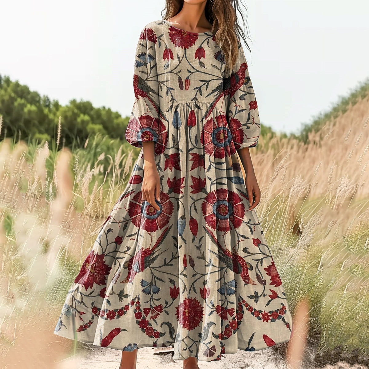 Women's Floral Bird Pattern Art Print Cotton Round Neck Dress