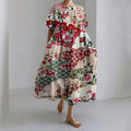 Women's Japanese Flower Art Print Short Sleeve Loose Midi Dress elevenforest