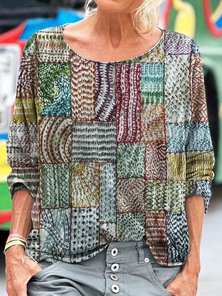 Geometric Stitch Embroidery Patchwork Pattern Women's Linen Long Sleeve T-shirt elevenforest