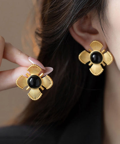 Gold Copper Crystal Hollow Out Stud Earrings