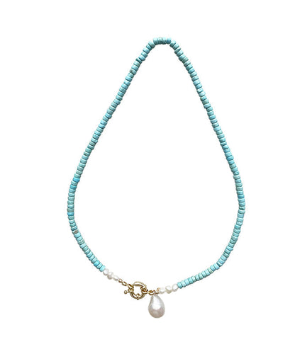 Green Copper Turquoise Pearl Pendant Necklace
