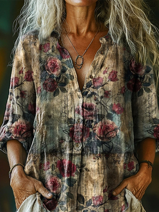 Women's Vintage Floral Art Pattern Print Casual Cotton Linen Shirt