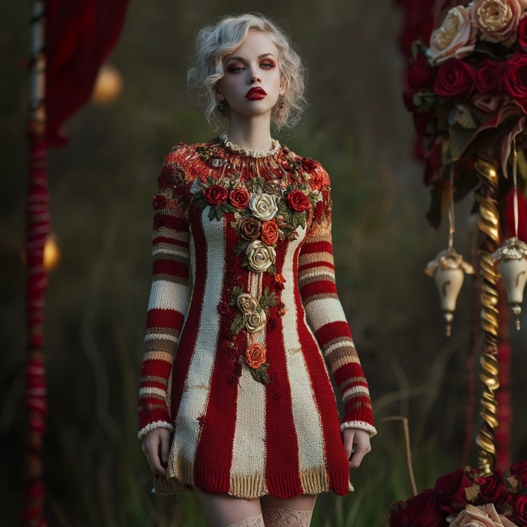 Comstylish Vintage Circus Inspired Roses Embroidered Striped Sweater Dress